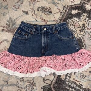 Vintage Levis Jean Denim Skirt Pink Handkerchief Ruffle White Eyelet & Bow Girls